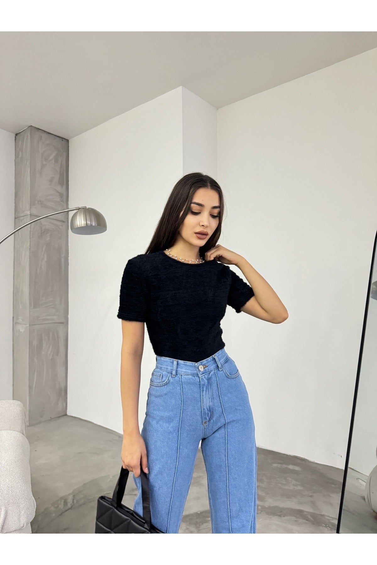 Women's Crew Neck Soft Plush Crop Blouse Black - MALLTURK