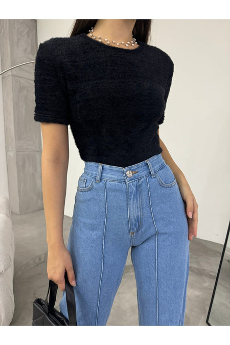 Women's Crew Neck Soft Plush Crop Blouse Black - MALLTURK