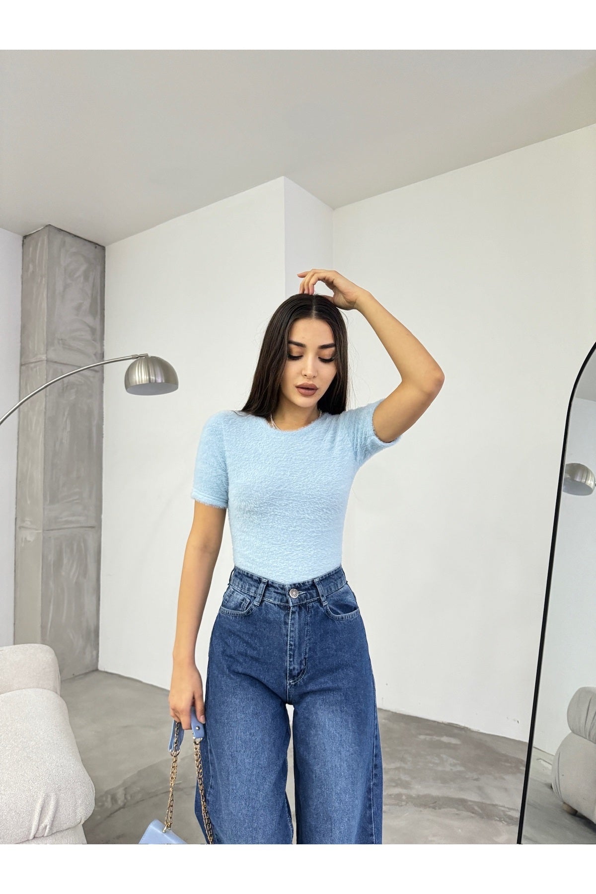 Women's Crew Neck Soft Plush Crop Blouse Blue - MALLTURK