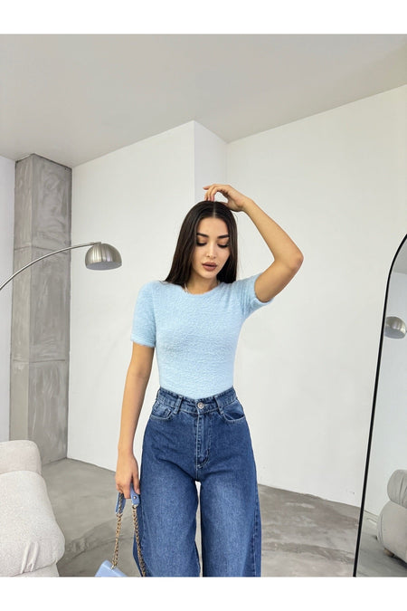 Women's Crew Neck Soft Plush Crop Blouse Blue - MALLTURK