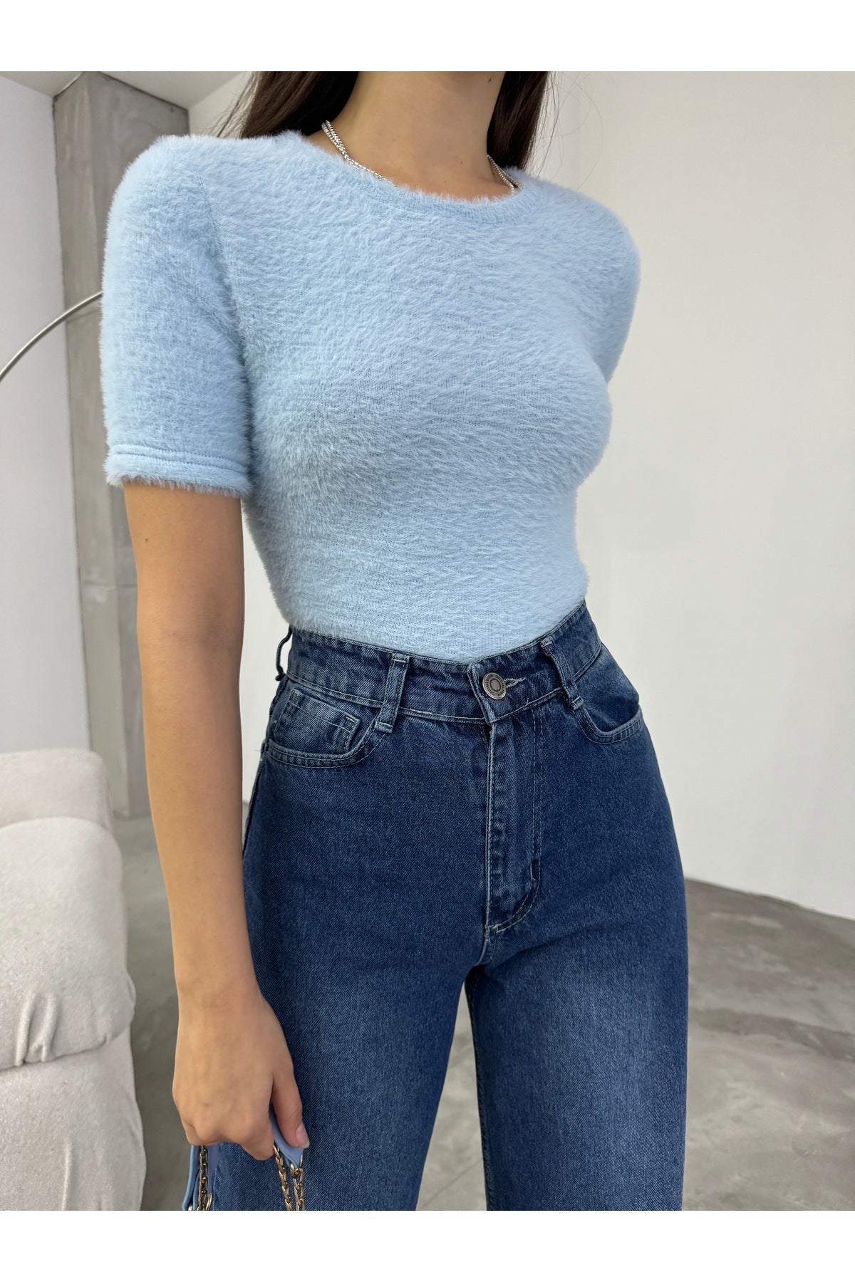 Women's Crew Neck Soft Plush Crop Blouse Blue - MALLTURK