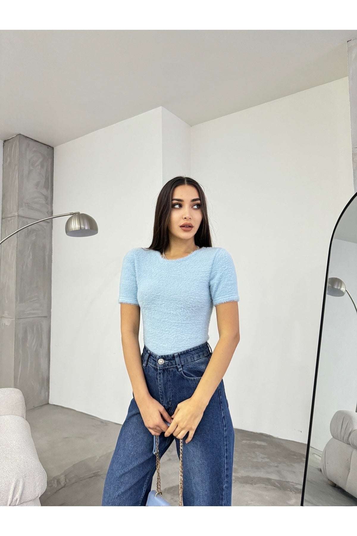 Women's Crew Neck Soft Plush Crop Blouse Blue - MALLTURK