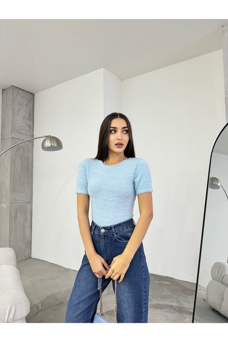 Women's Crew Neck Soft Plush Crop Blouse Blue - MALLTURK