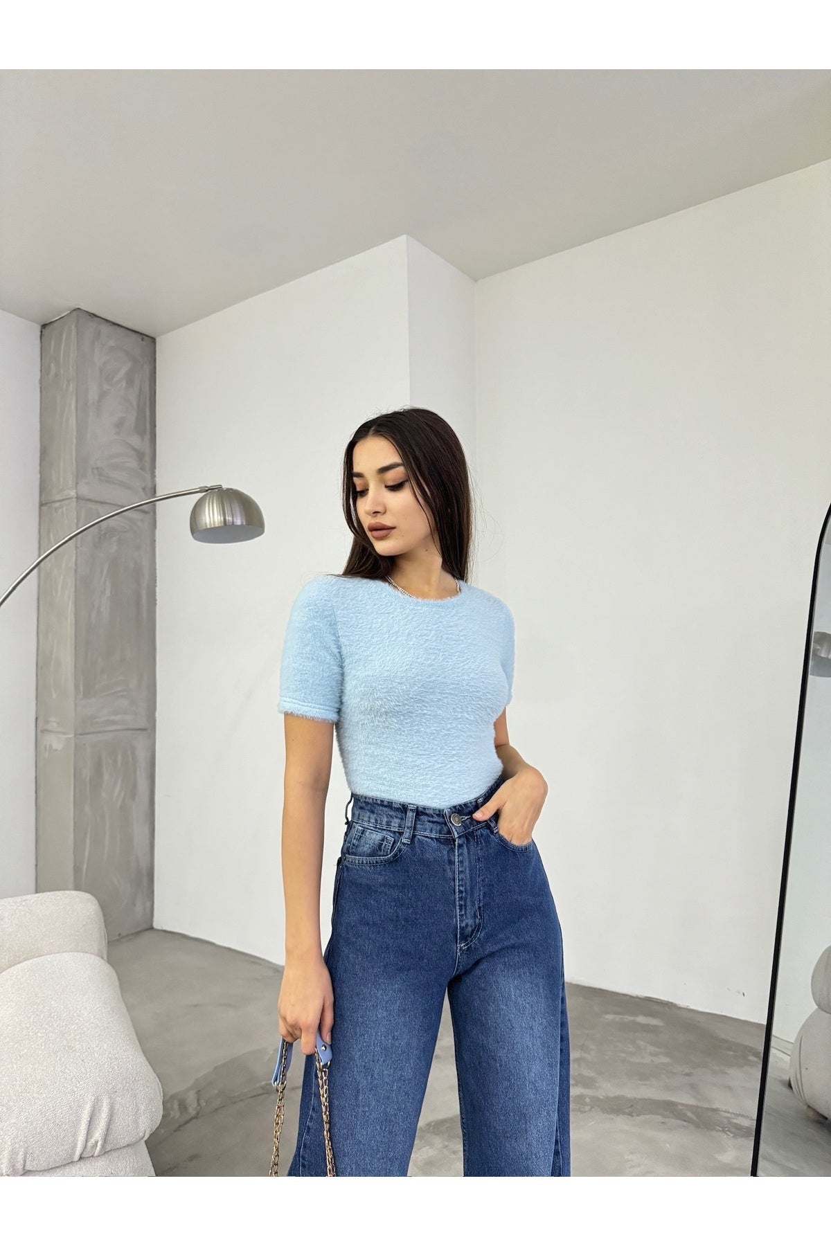 Women's Crew Neck Soft Plush Crop Blouse Blue - MALLTURK