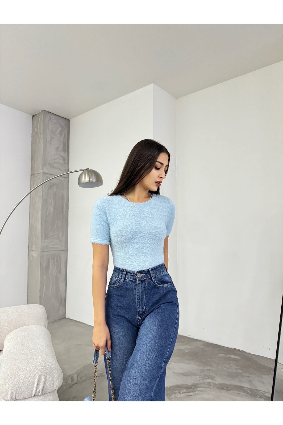 Women's Crew Neck Soft Plush Crop Blouse Blue - MALLTURK