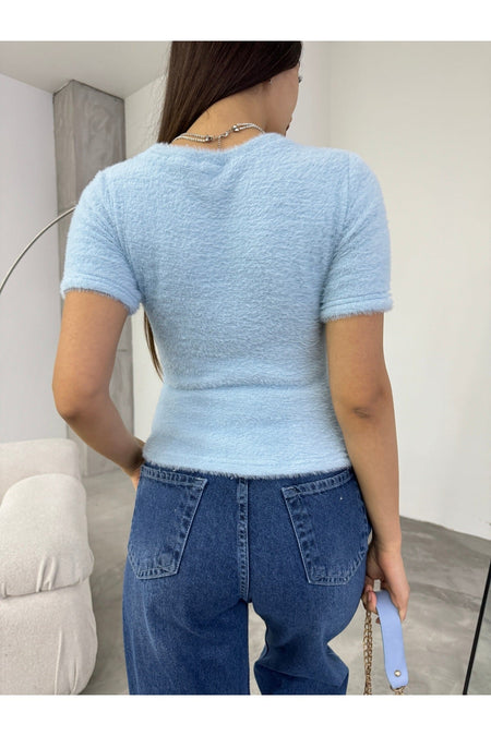Women's Crew Neck Soft Plush Crop Blouse Blue - MALLTURK