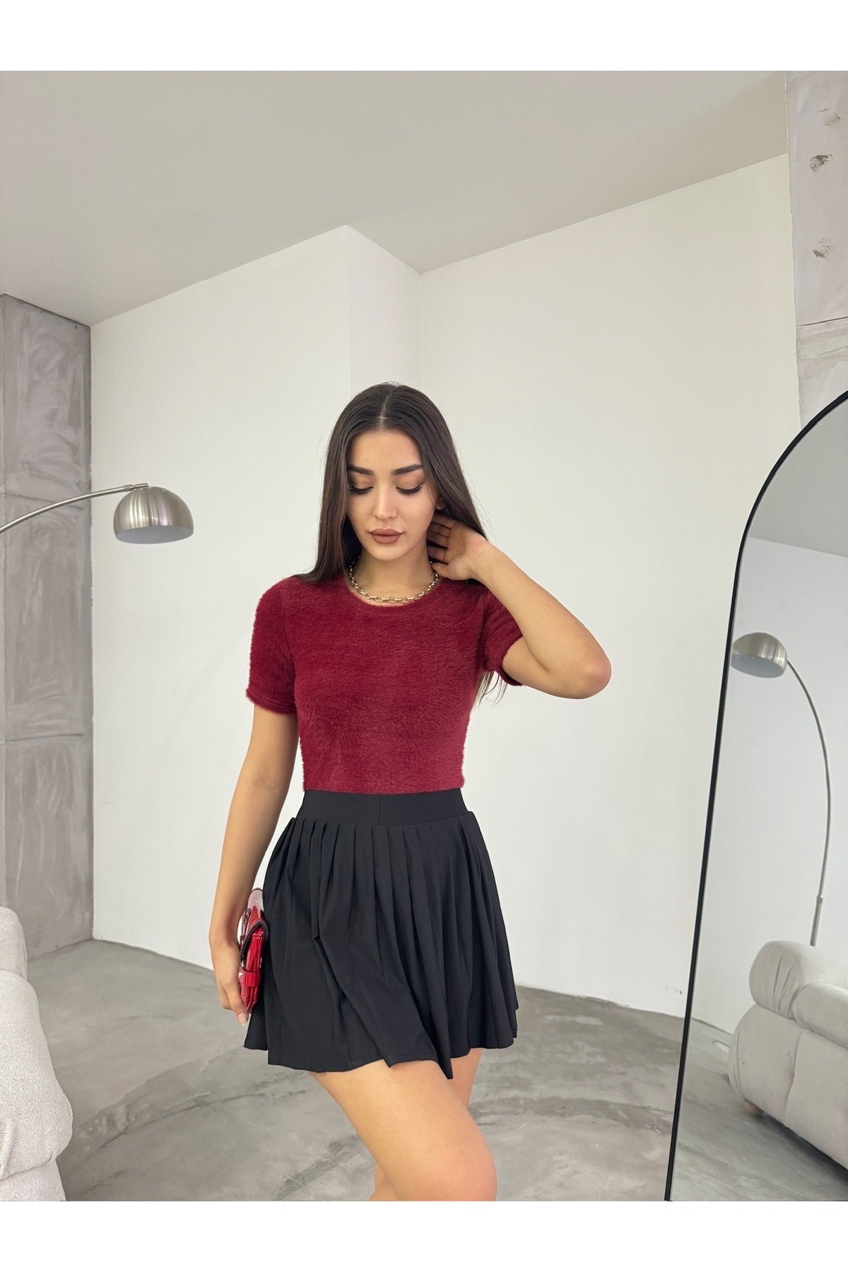 Women's Crew Neck Soft Plush Crop Blouse Burgundy - MALLTURK