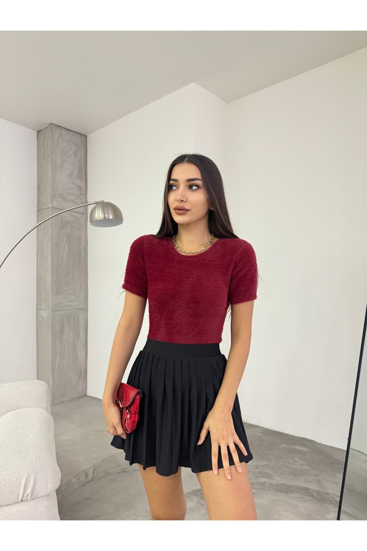 Women's Crew Neck Soft Plush Crop Blouse Burgundy - MALLTURK