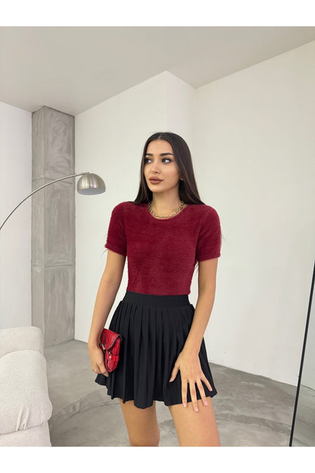 Women's Crew Neck Soft Plush Crop Blouse Burgundy - MALLTURK