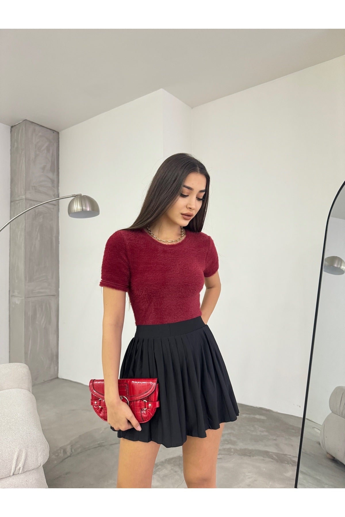 Women's Crew Neck Soft Plush Crop Blouse Burgundy - MALLTURK