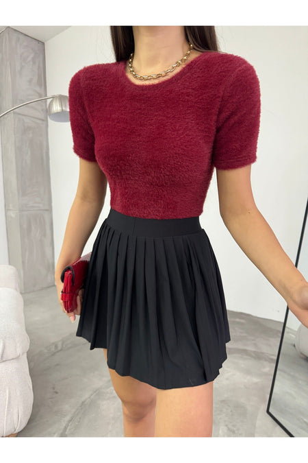 Women's Crew Neck Soft Plush Crop Blouse Burgundy - MALLTURK