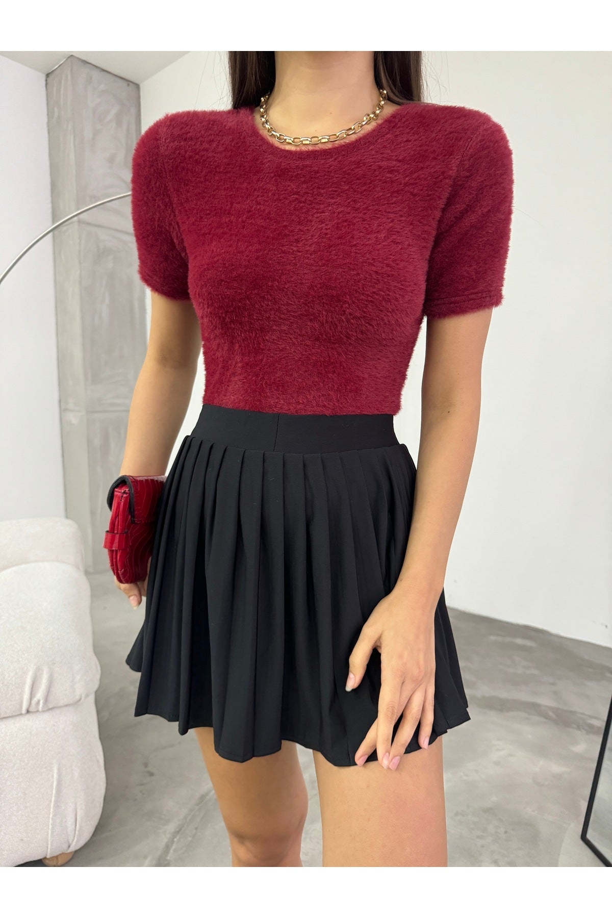 Women's Crew Neck Soft Plush Crop Blouse Burgundy - MALLTURK