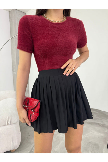 Women's Crew Neck Soft Plush Crop Blouse Burgundy - MALLTURK