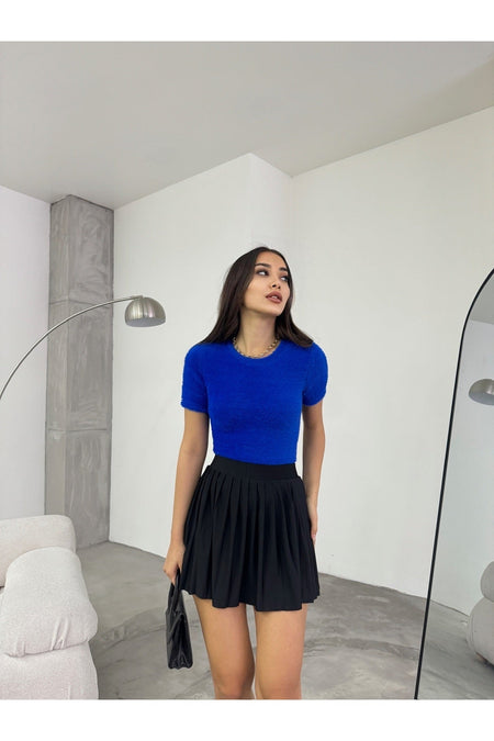 Women's Crew Neck Soft Plush Crop Blouse Navy Blue - MALLTURK