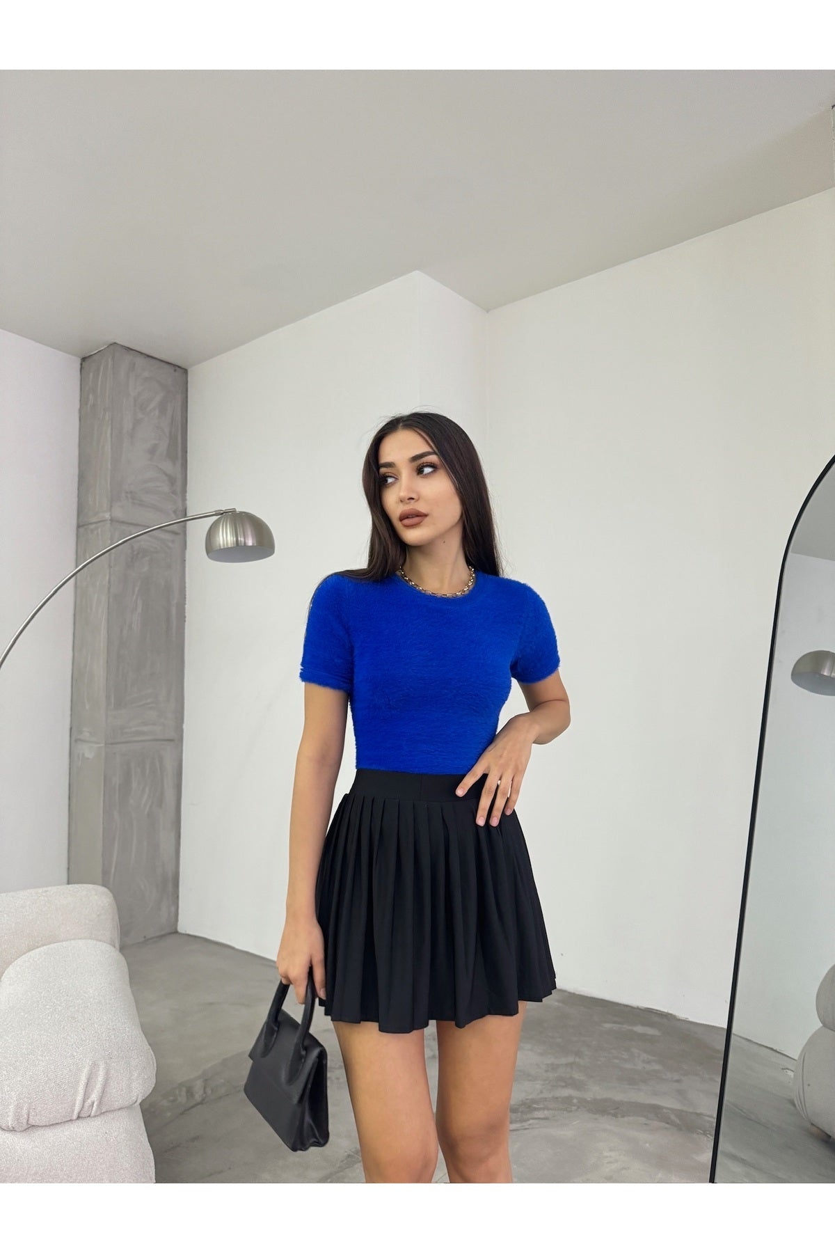Women's Crew Neck Soft Plush Crop Blouse Navy Blue - MALLTURK