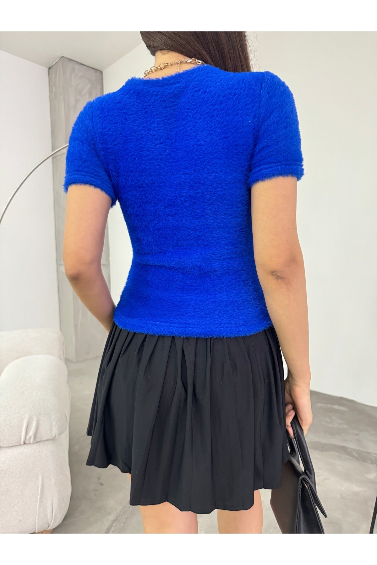 Women's Crew Neck Soft Plush Crop Blouse Navy Blue - MALLTURK