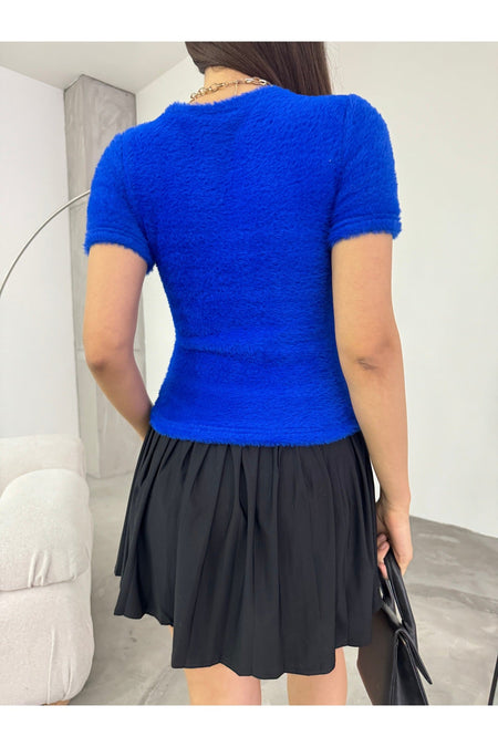Women's Crew Neck Soft Plush Crop Blouse Navy Blue - MALLTURK
