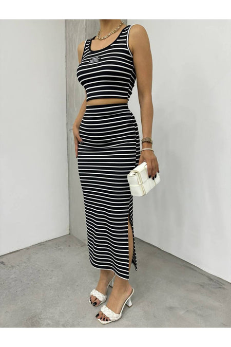 Women's Crop and Midi Length Striped Skirt Set, Black - MALLTURK