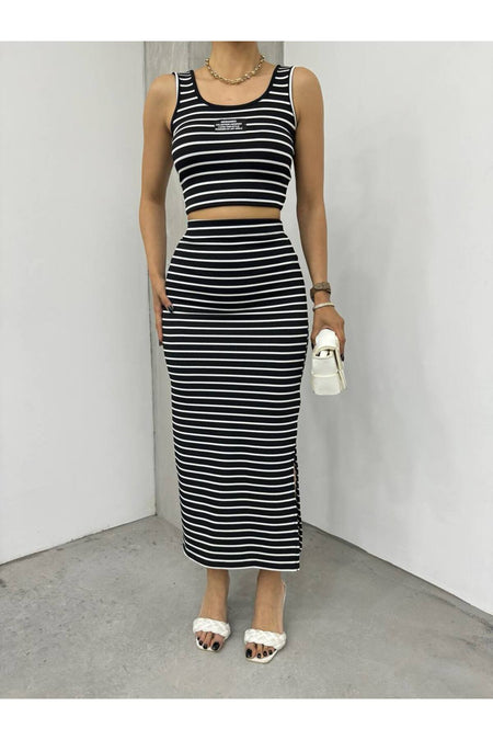 Women's Crop and Midi Length Striped Skirt Set, Black - MALLTURK