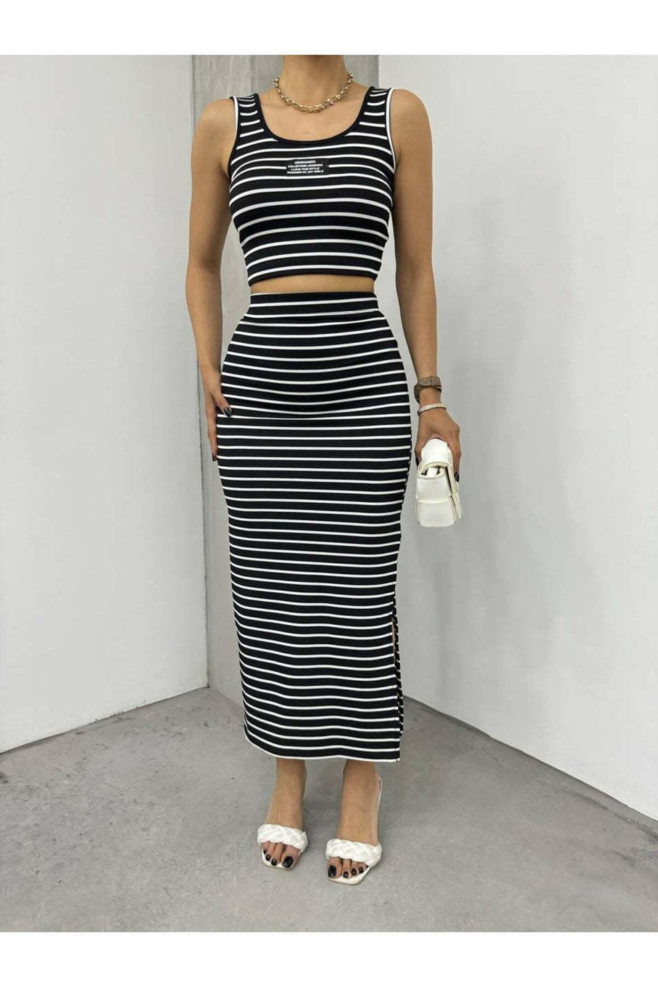 Women's Crop and Midi Length Striped Skirt Set, Black - MALLTURK