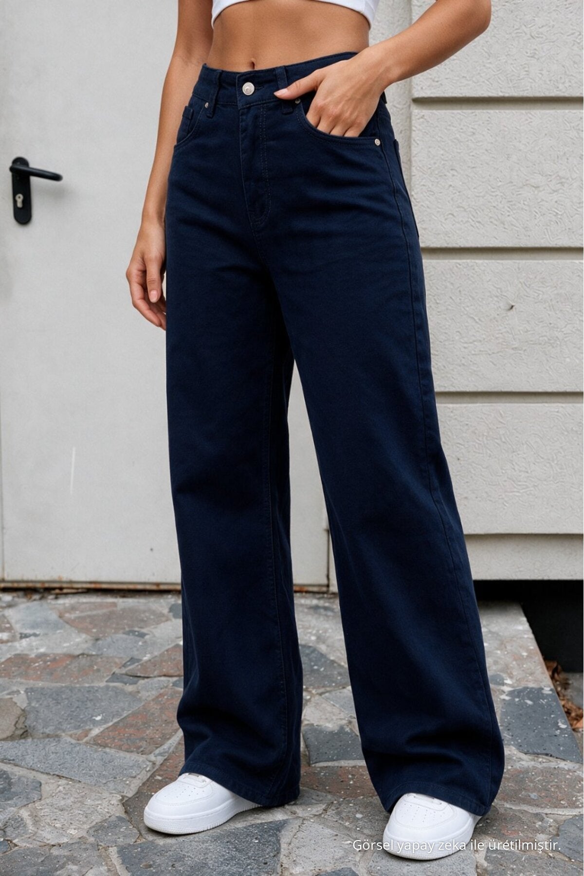 Women's Dark Navy Wide Leg High Waist Jeans - MALLTURK