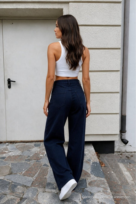 Women's Dark Navy Wide Leg High Waist Jeans - MALLTURK
