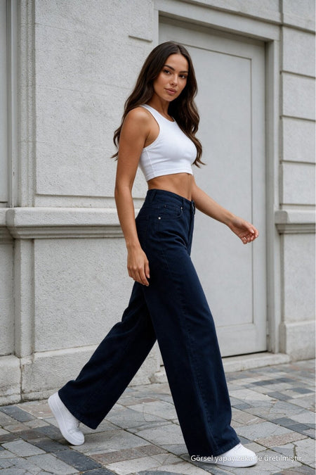 Women's Dark Navy Wide Leg High Waist Jeans - MALLTURK