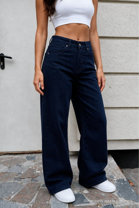 Women's Dark Navy Wide Leg High Waist Jeans - MALLTURK