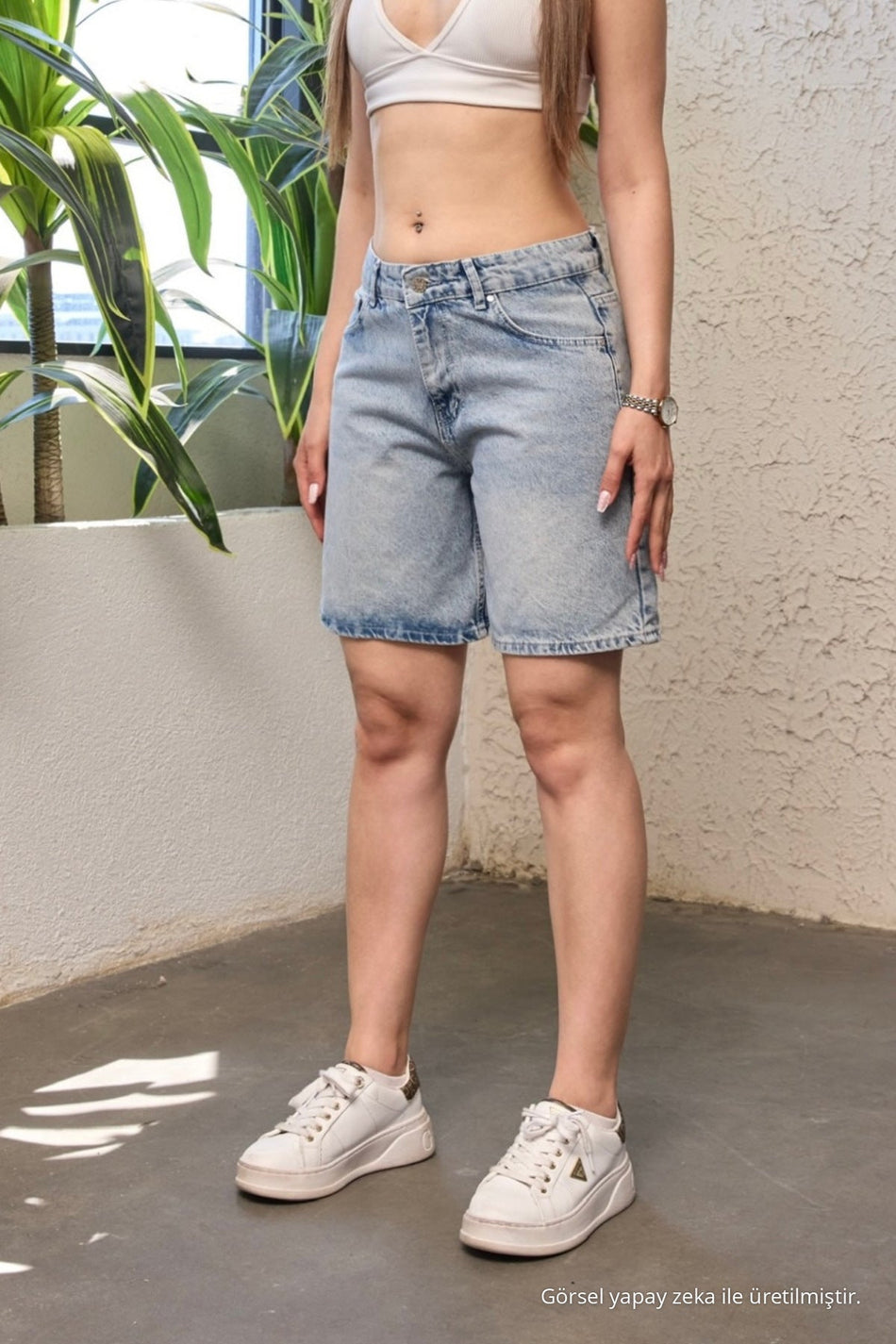 Women's Distressed Effect High Waist 5 Pocket Straight Fit Shorts Jeans Blue - MALLTURK
