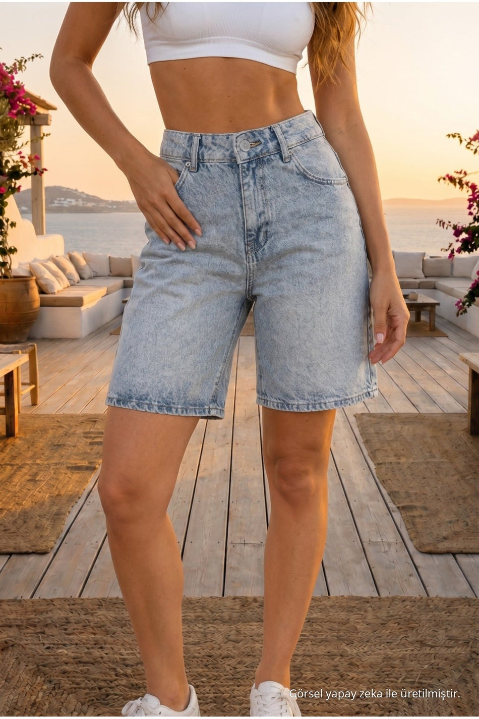 Women's Distressed Effect High Waist 5 Pocket Straight Fit Shorts Jeans Blue - MALLTURK