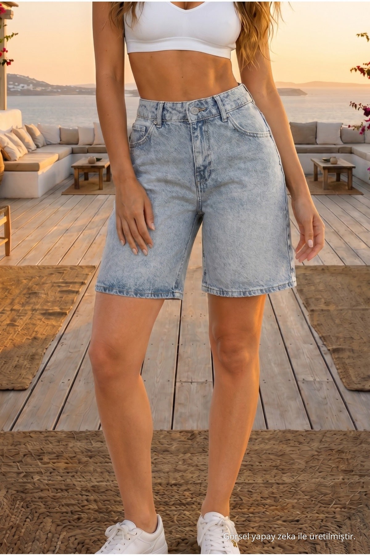 Women's Distressed Effect High Waist 5 Pocket Straight Fit Shorts Jeans Blue - MALLTURK