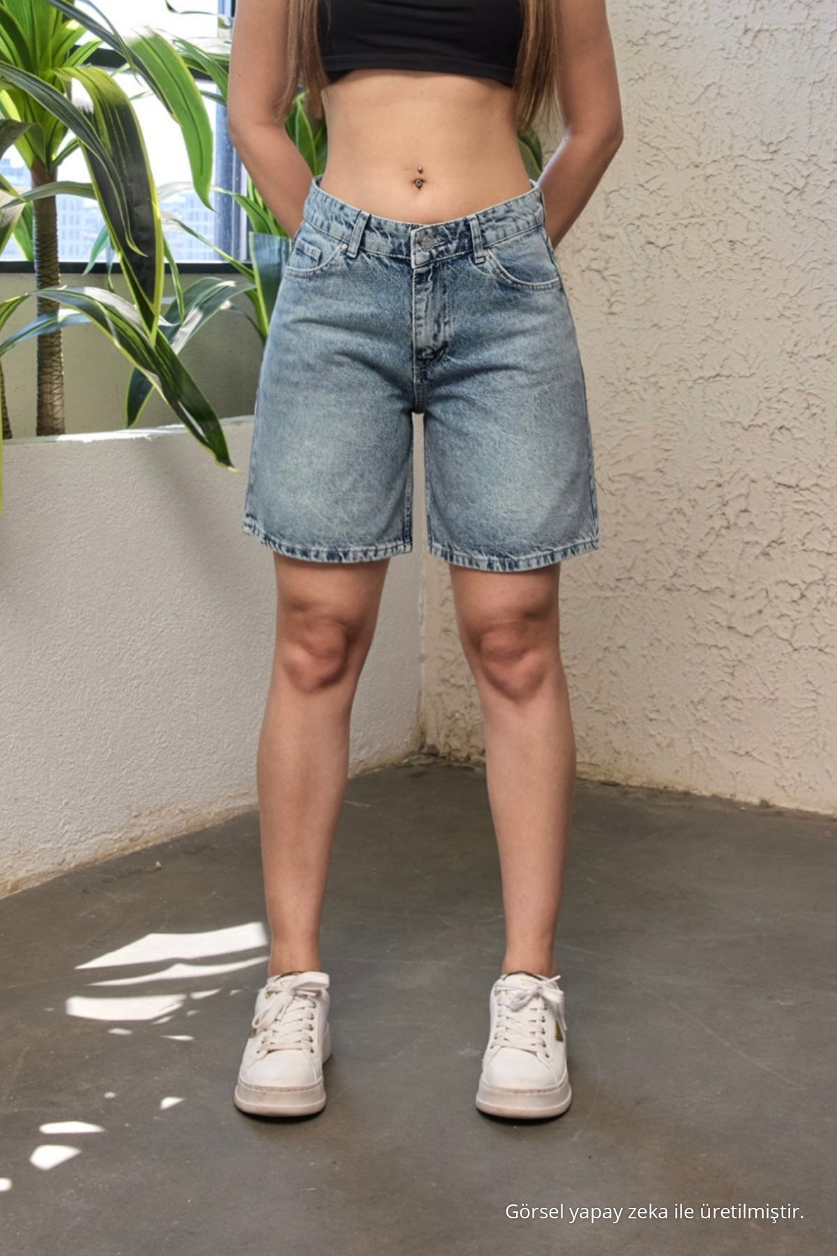 Women's Distressed Effect High Waist 5 Pocket Straight Fit Shorts Jeans Dark Blue - MALLTURK