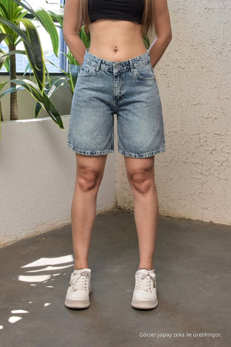 Women's Distressed Effect High Waist 5 Pocket Straight Fit Shorts Jeans Dark Blue - MALLTURK