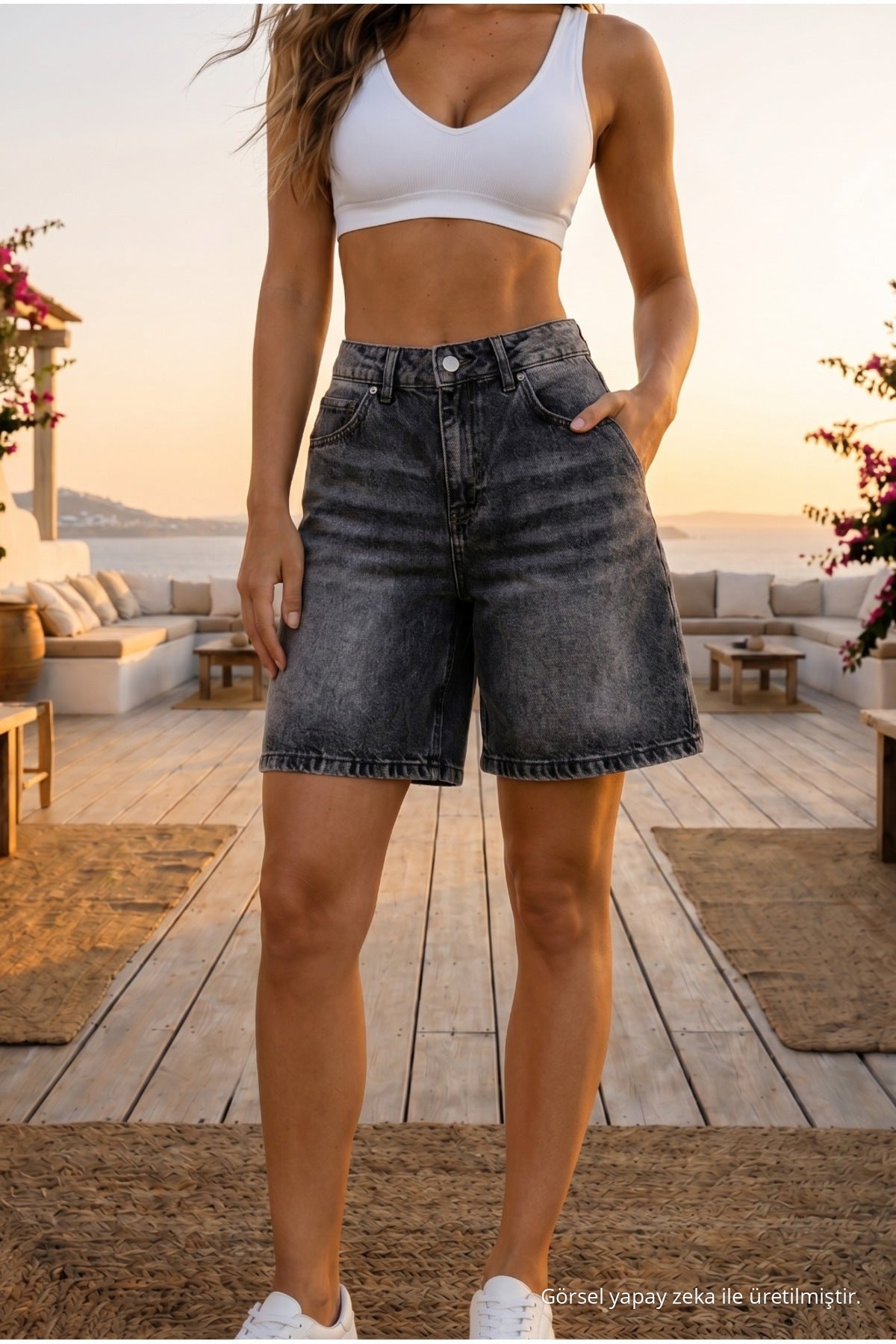 Women's Distressed Effect High Waist 5 Pocket Straight Fit Shorts Jeans Grey - MALLTURK