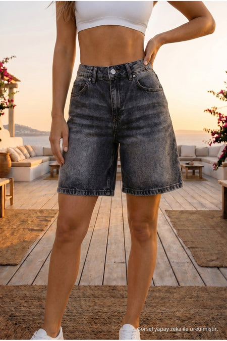 Women's Distressed Effect High Waist 5 Pocket Straight Fit Shorts Jeans Grey - MALLTURK