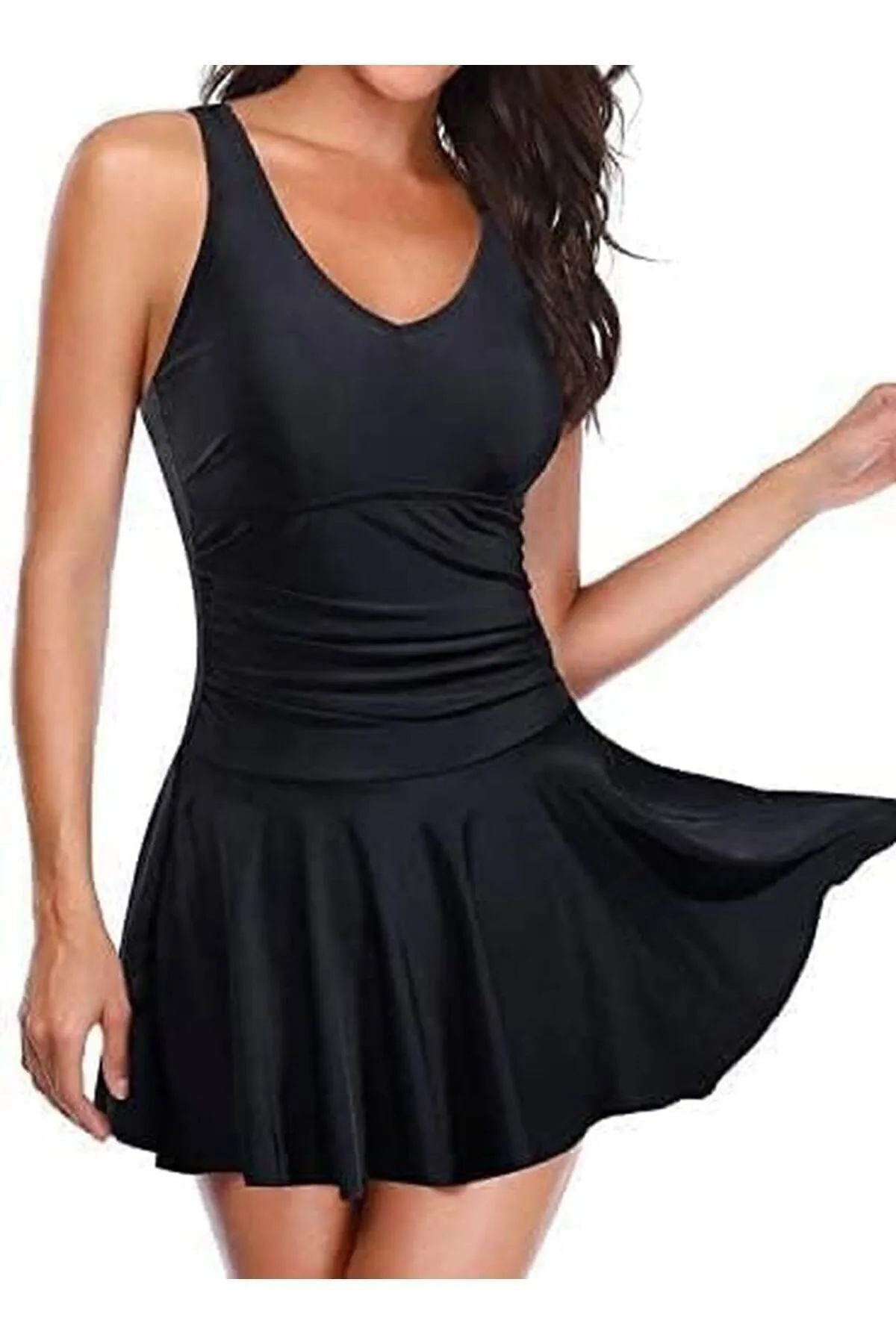 Women's Dress Swimsuit with Lycra Skirt and United Slip Black - MALLTURK