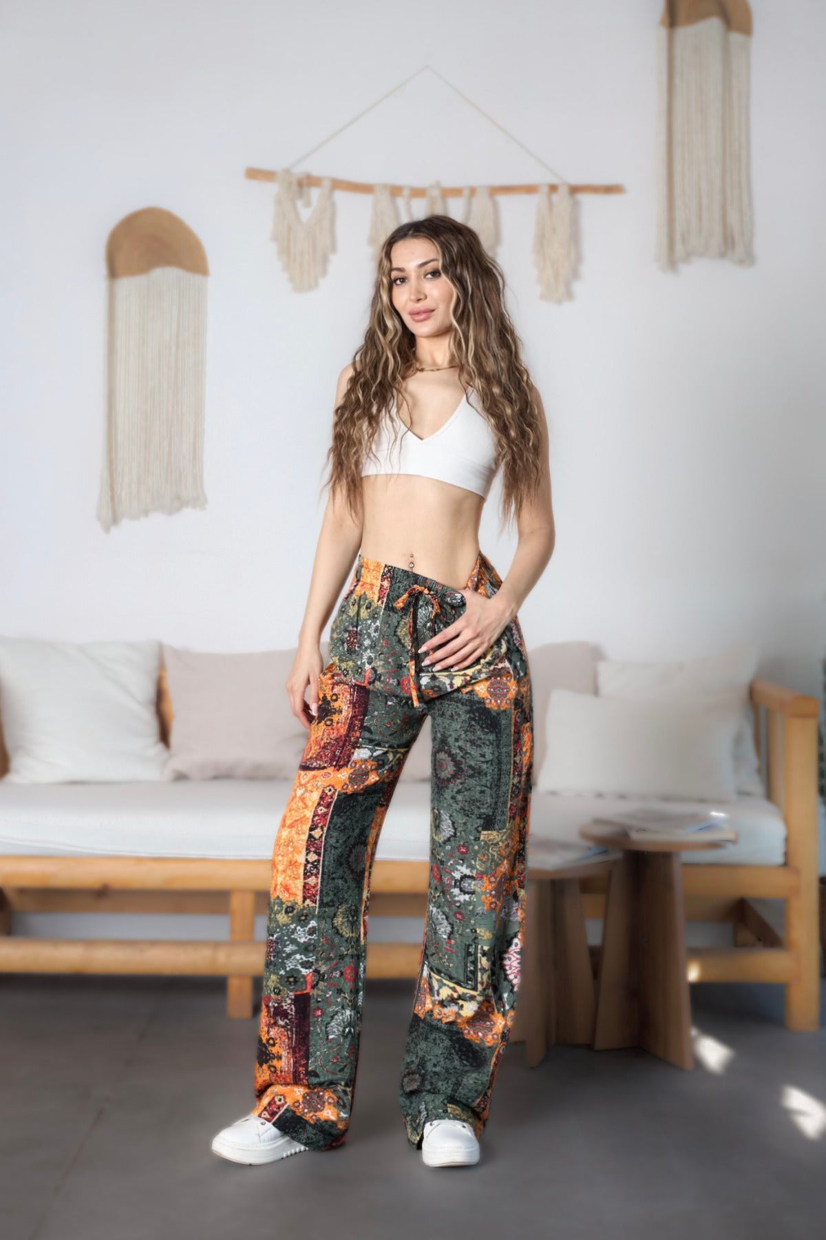 Women's Ethnic Patterned High Waist Viscose Fabric Pants with Elastic Waistband, Khaki - MALLTURK