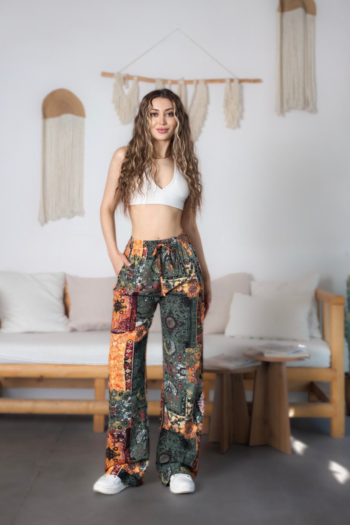 Women's Ethnic Patterned High Waist Viscose Fabric Pants with Elastic Waistband, Khaki - MALLTURK