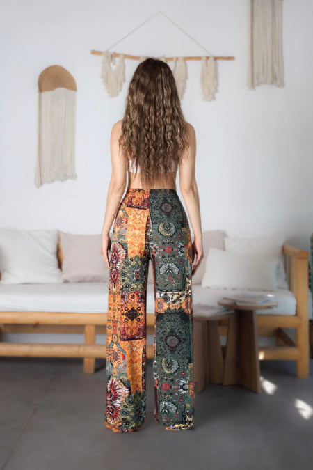 Women's Ethnic Patterned High Waist Viscose Fabric Pants with Elastic Waistband, Khaki - MALLTURK