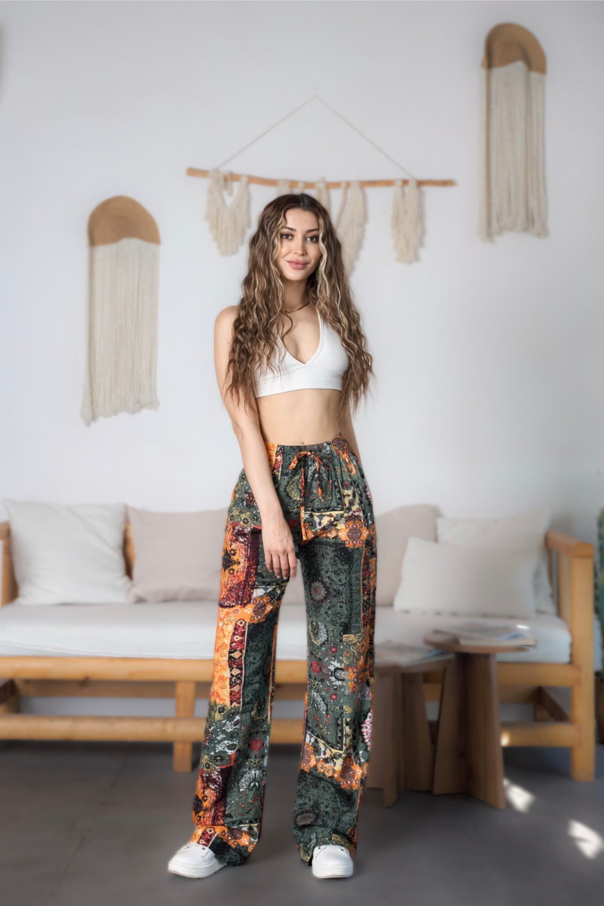 Women's Ethnic Patterned High Waist Viscose Fabric Pants with Elastic Waistband, Khaki - MALLTURK