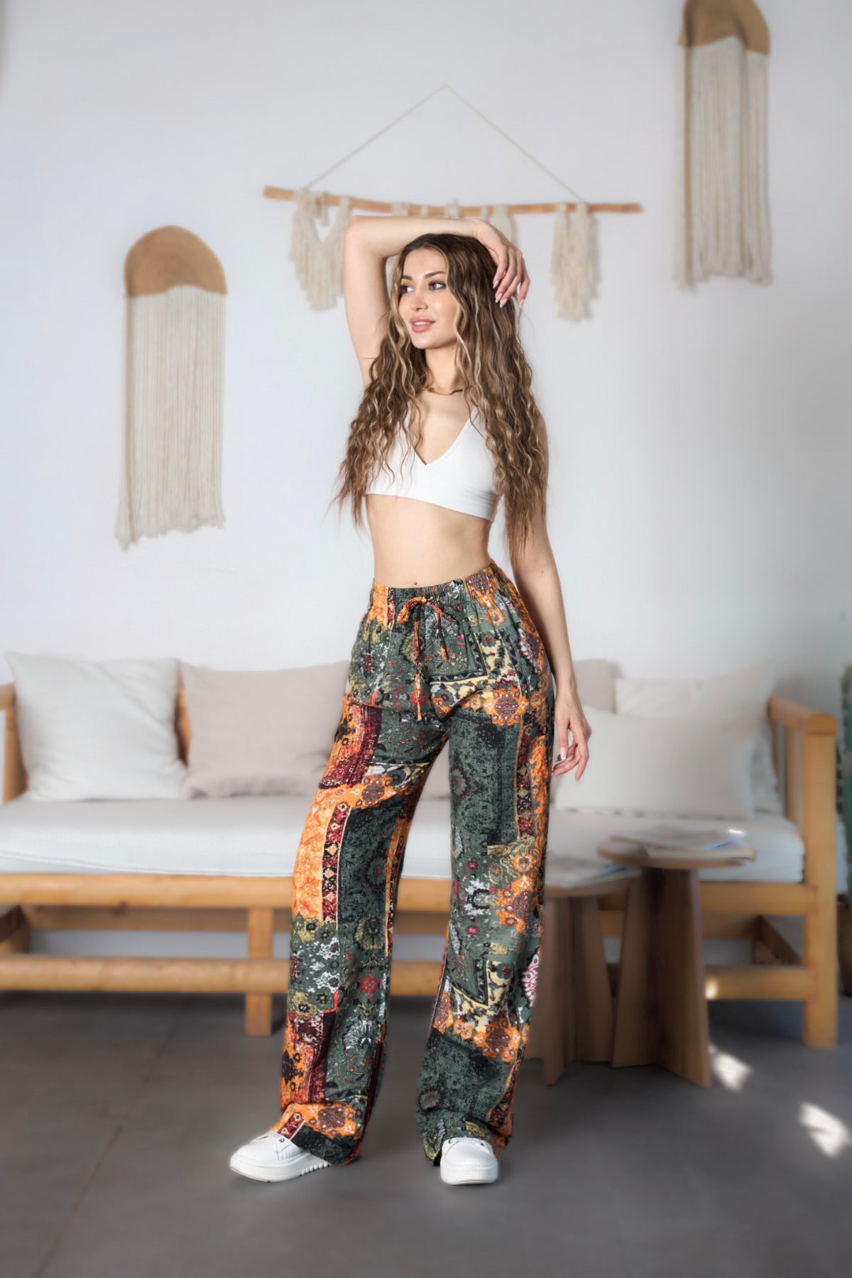 Women's Ethnic Patterned High Waist Viscose Fabric Pants with Elastic Waistband, Khaki - MALLTURK