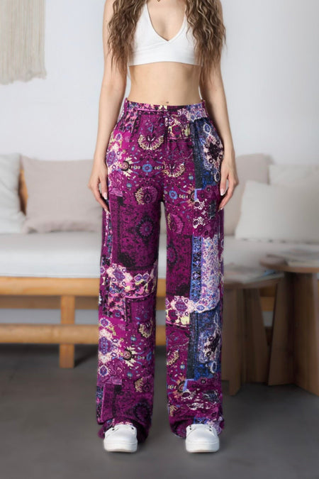 Women's Ethnic Patterned High-Waisted Viscose Fabric Pants with Elastic Waistband, Purple - MALLTURK