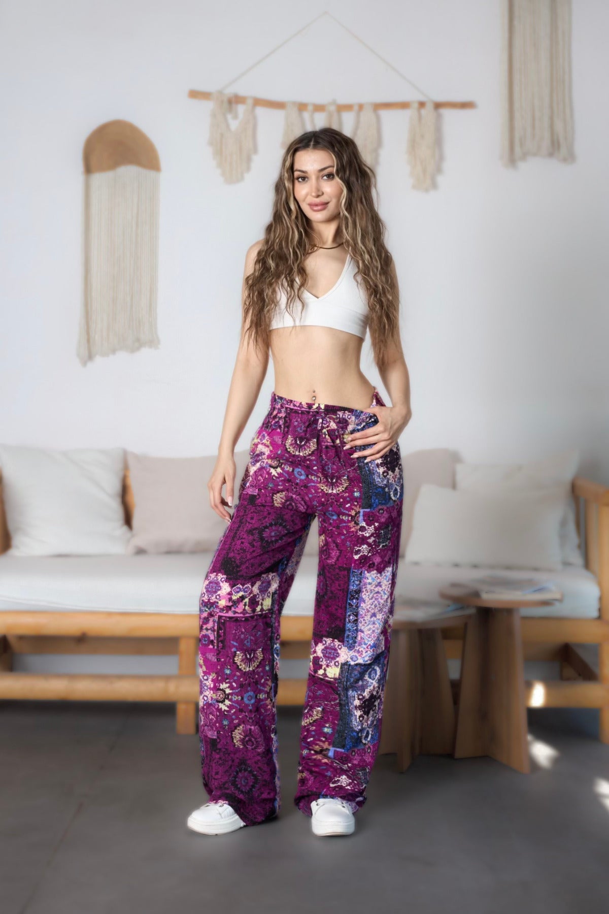 Women's Ethnic Patterned High-Waisted Viscose Fabric Pants with Elastic Waistband, Purple - MALLTURK