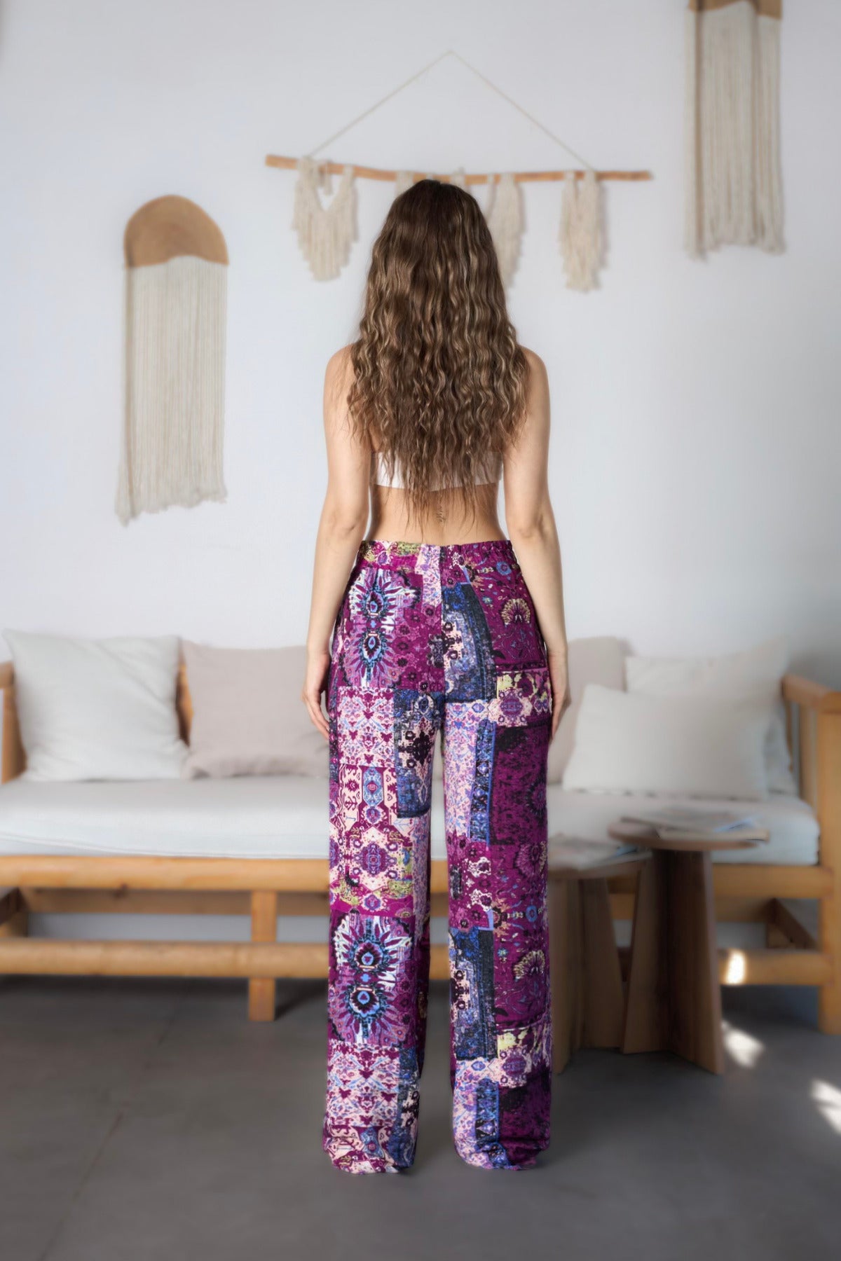Women's Ethnic Patterned High-Waisted Viscose Fabric Pants with Elastic Waistband, Purple - MALLTURK