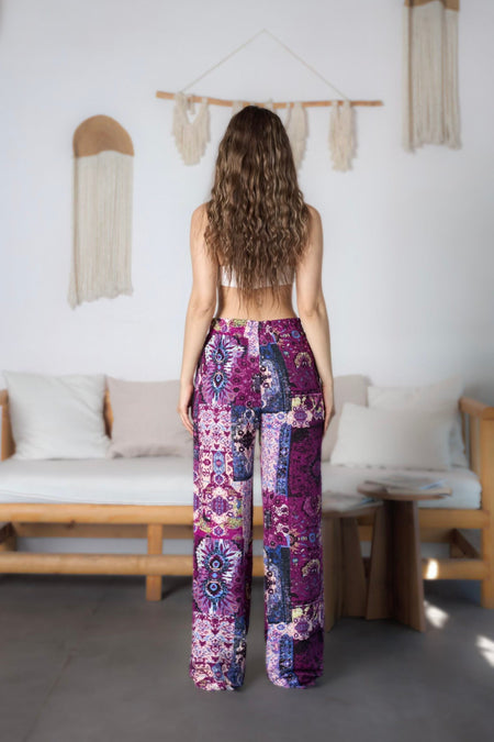 Women's Ethnic Patterned High-Waisted Viscose Fabric Pants with Elastic Waistband, Purple - MALLTURK