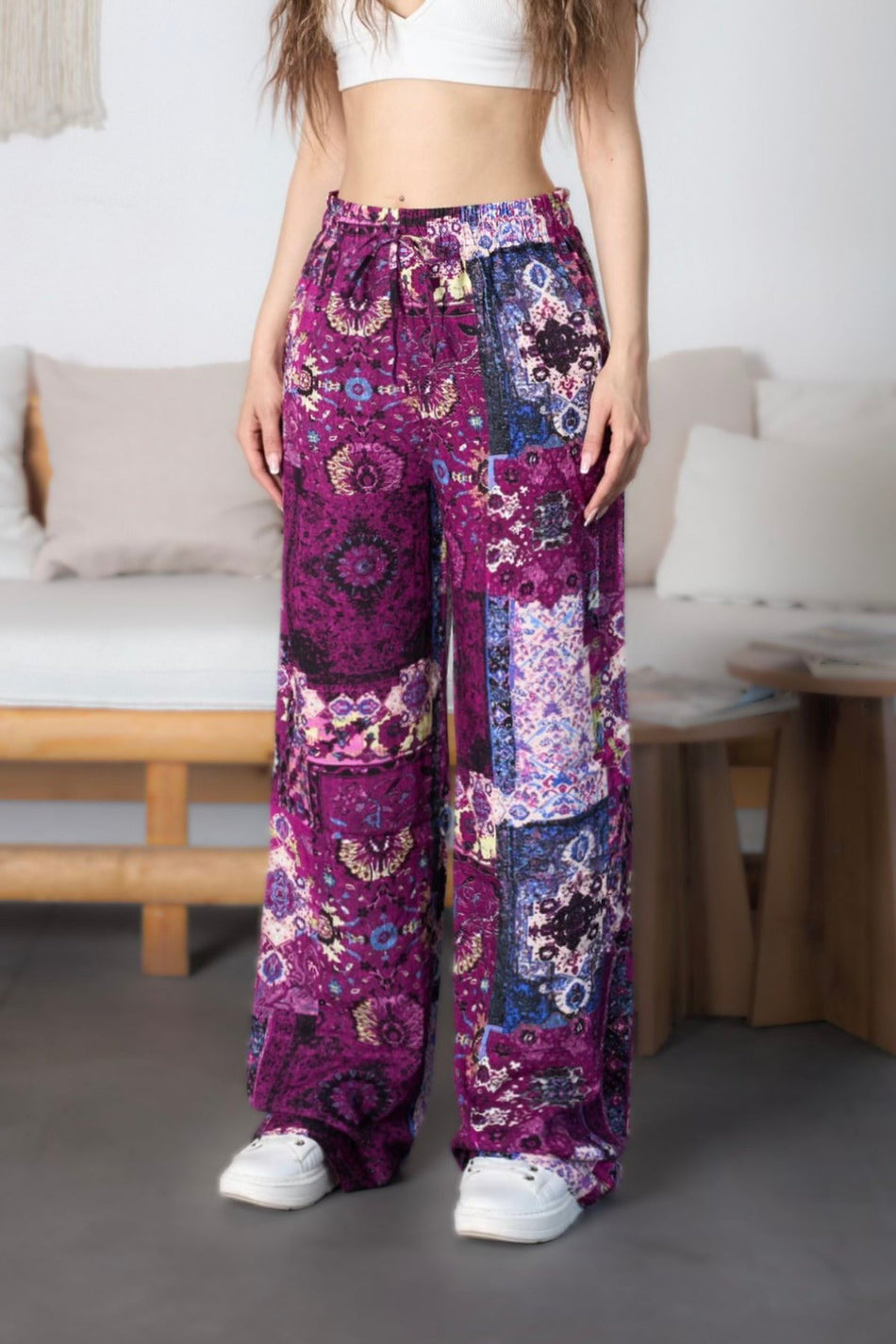 Women's Ethnic Patterned High-Waisted Viscose Fabric Pants with Elastic Waistband, Purple - MALLTURK
