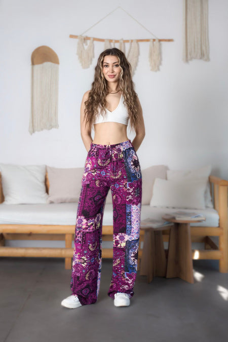 Women's Ethnic Patterned High-Waisted Viscose Fabric Pants with Elastic Waistband, Purple - MALLTURK