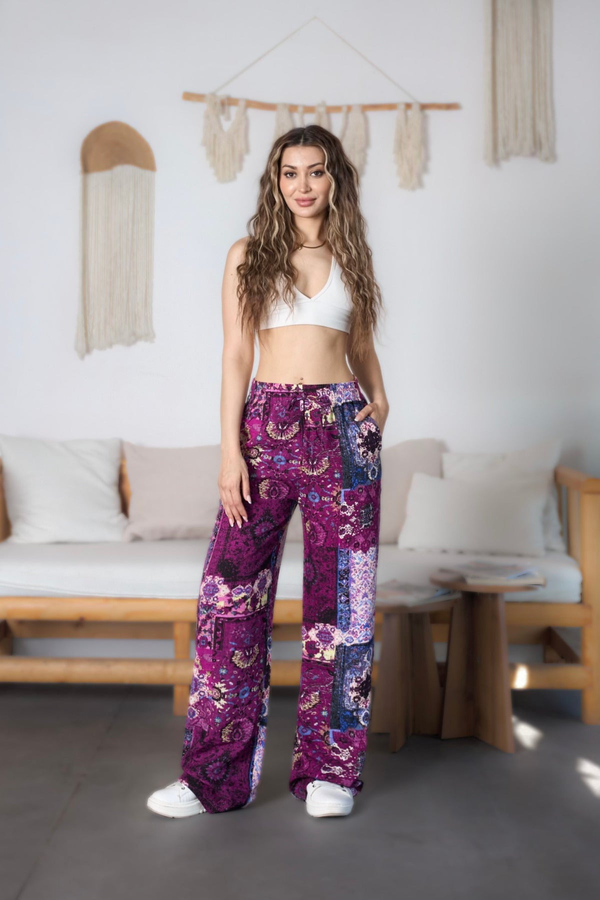 Women's Ethnic Patterned High-Waisted Viscose Fabric Pants with Elastic Waistband, Purple - MALLTURK