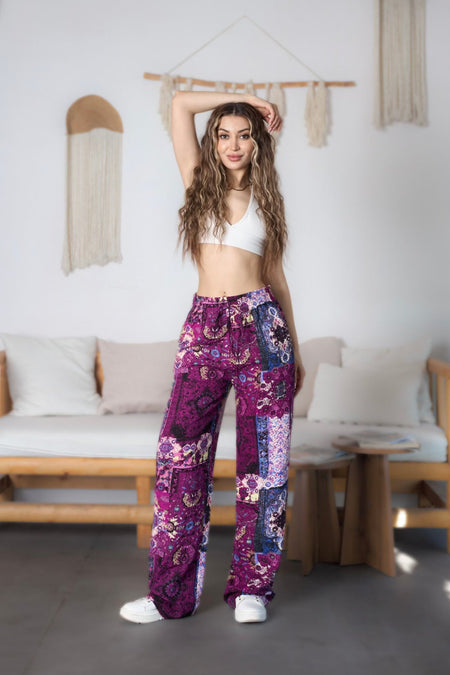 Women's Ethnic Patterned High-Waisted Viscose Fabric Pants with Elastic Waistband, Purple - MALLTURK