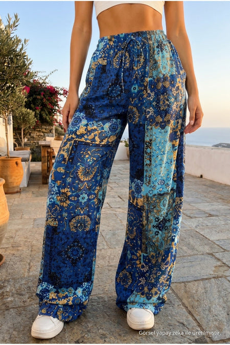 Women's Ethnic Patterned Summer Fabric Pants with Elastic Waistband, Blue - MALLTURK